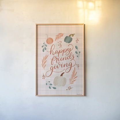 Friendsgiving II by Becky Thorns. shown as a paper print in a natural frame. Available as a archival giclee rolled canvas, fine art paper, or poster print. SKU 80044h.