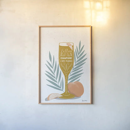 Fruity Cocktails I Mustard by Becky Thorns. shown as a paper print in a natural frame. Available as a archival giclee rolled canvas, fine art paper, or poster print. SKU 59460h.