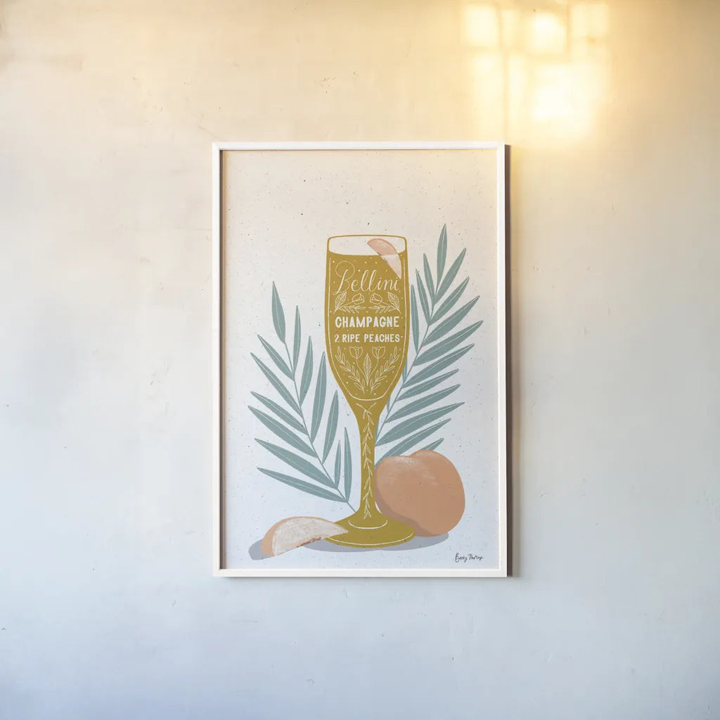 Fruity Cocktails I Mustard by Becky Thorns. shown as a paper print in a white frame. Available as a archival giclee rolled canvas, fine art paper, or poster print. SKU 59460h.