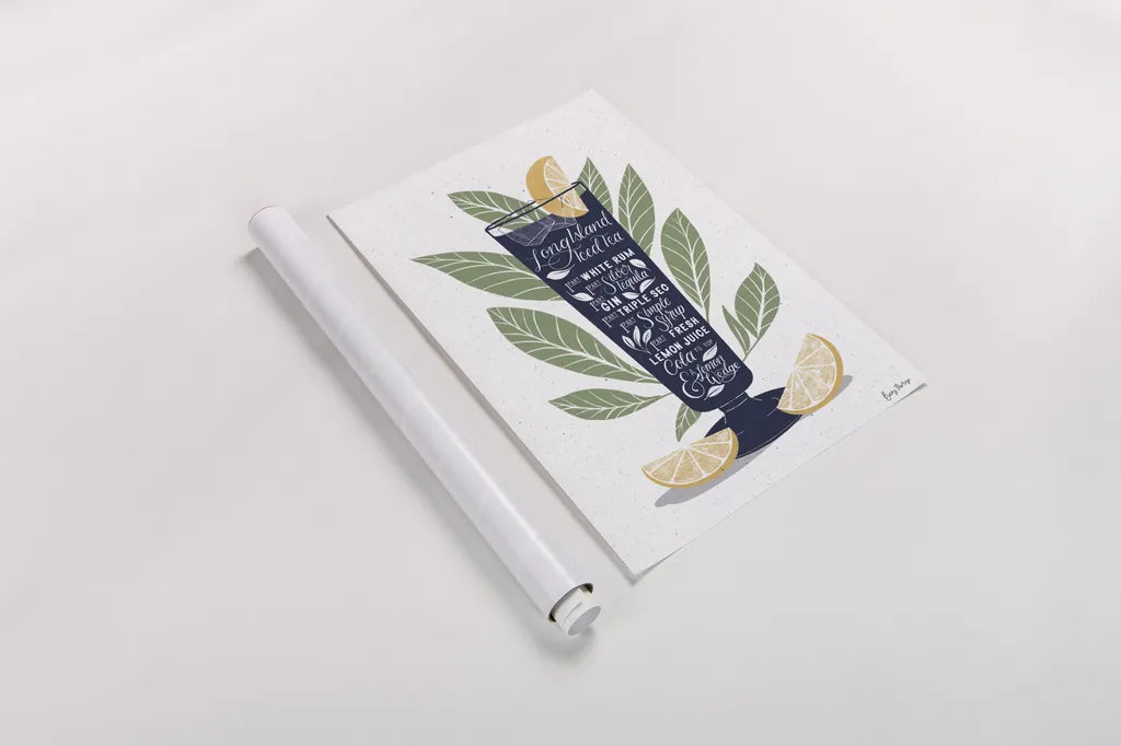 Fruity Cocktails II Navy by Becky Thorns. shown as a rolled paper print. Available as archival giclee rolled canvas, fine art paper, or poster print. SKU 59461h.