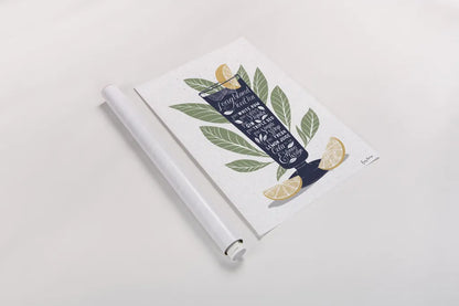 Fruity Cocktails II Navy by Becky Thorns. shown as a rolled paper print. Available as archival giclee rolled canvas, fine art paper, or poster print. SKU 59461h.