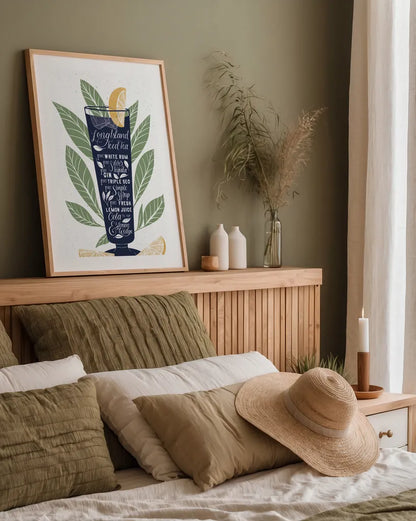 Fruity Cocktails II Navy by Becky Thorns. shown as a paper print in a natural frame. Available as a archival giclee rolled canvas, fine art paper, or poster print. SKU 59461h.