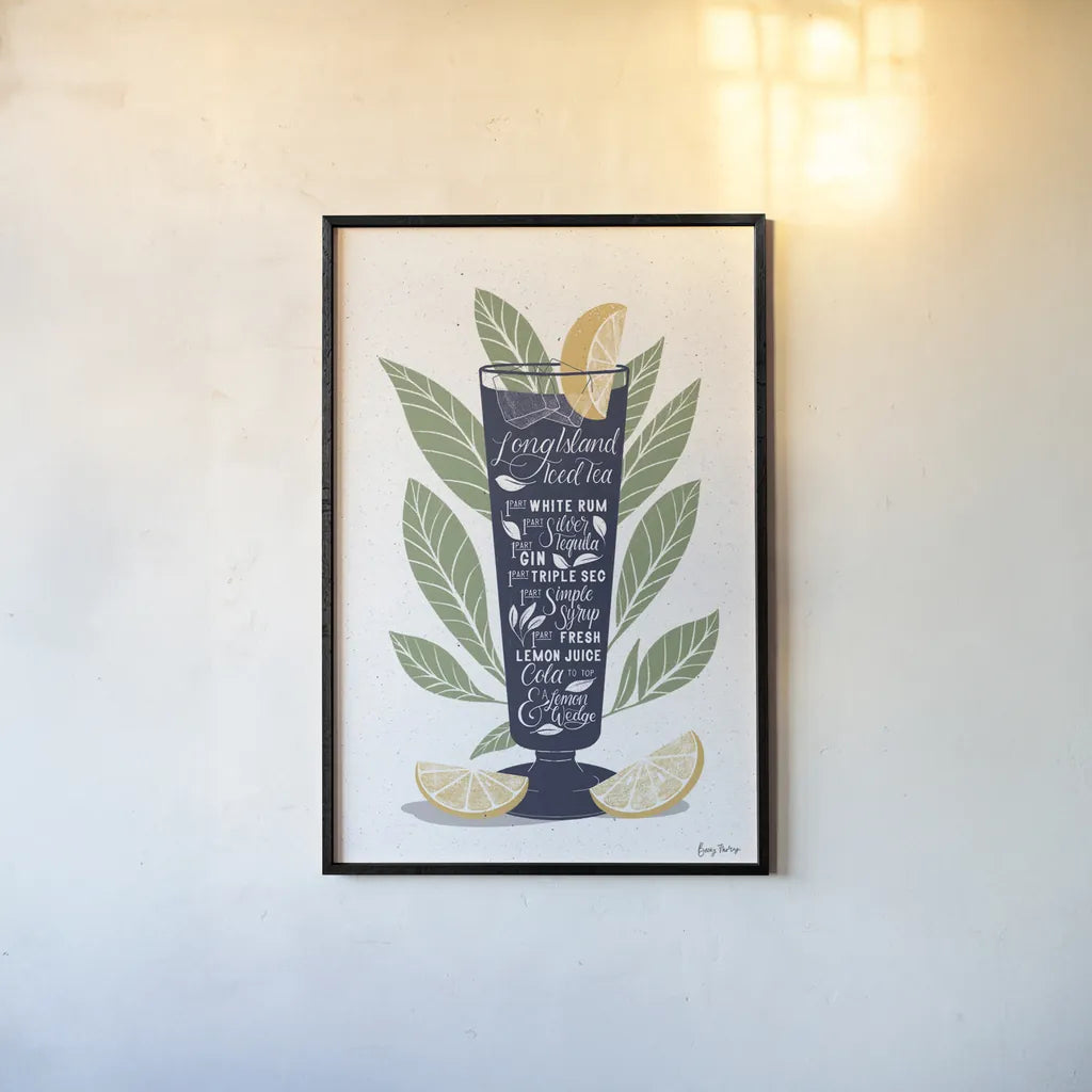 Fruity Cocktails II Navy by Becky Thorns. shown as a paper print in a black flame. Available as a archival giclee rolled canvas, fine art paper, or poster print. SKU 59461h.