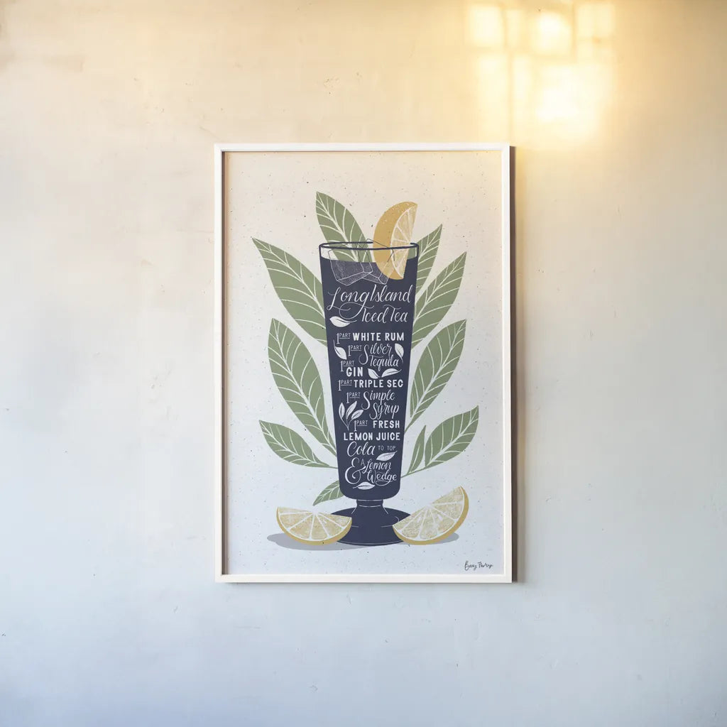 Fruity Cocktails II Navy by Becky Thorns. shown as a paper print in a white frame. Available as a archival giclee rolled canvas, fine art paper, or poster print. SKU 59461h.