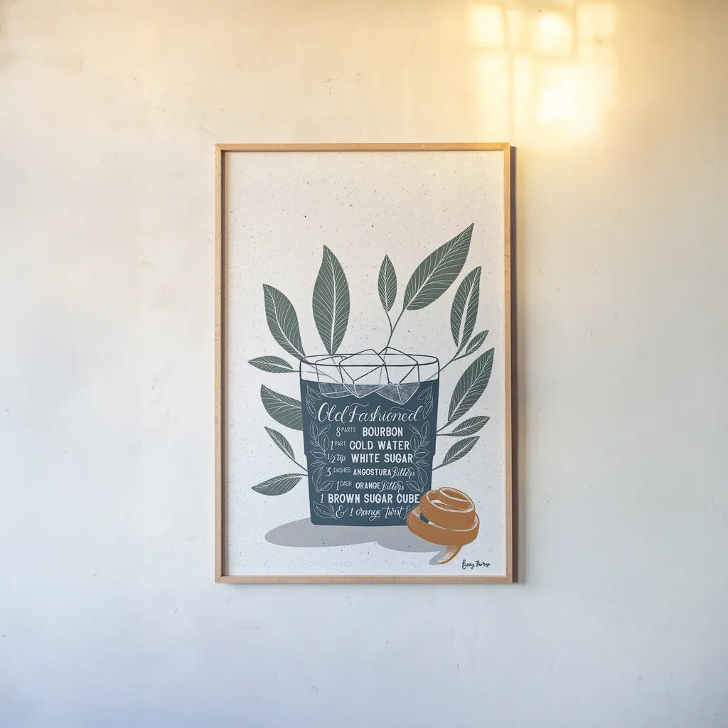 Fruity Cocktails IV by Becky Thorns. shown as a paper print in a natural frame. Available as a archival giclee rolled canvas, fine art paper, or poster print. SKU 58889h.