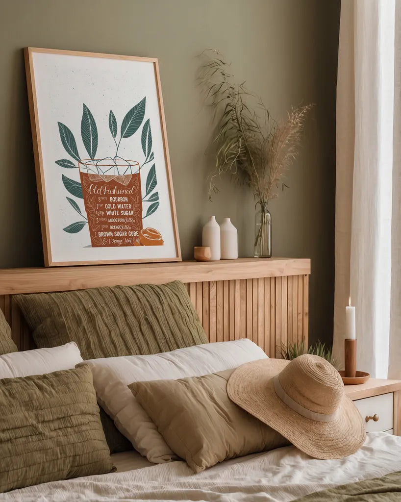 Fruity Cocktails IV Rust by Becky Thorns. shown as a paper print in a natural frame. Available as a archival giclee rolled canvas, fine art paper, or poster print. SKU 59462h.