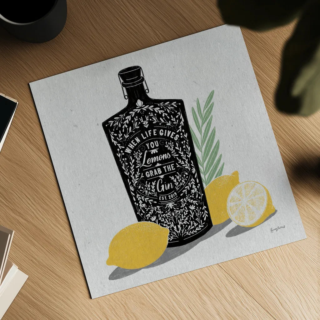 Fruity Spirits Gin by Becky Thorns. Shown as a detailed flat fine art print, highlighting archival giclee quality. Available as an archival giclee rolled canvas, fine art paper, or poster print. SKU 54988a.