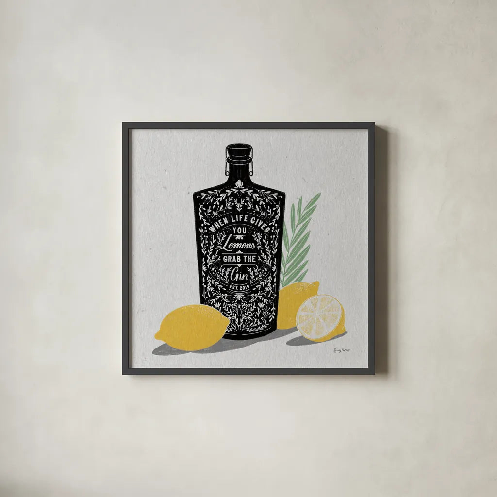 Fruity Spirits Gin by Becky Thorns. Shown in a sleek black glass frame for a contemporary gallery look. Available as an archival giclee rolled canvas, fine art paper, or poster print. SKU 54988a.