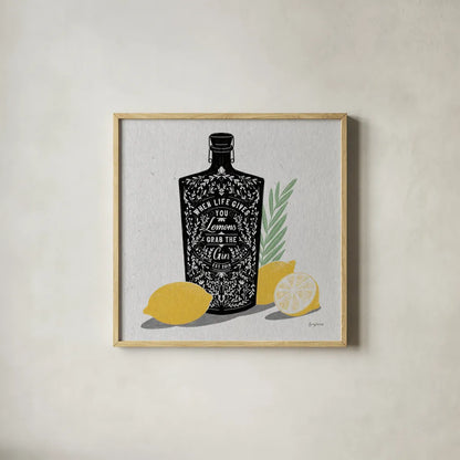 Fruity Spirits Gin by Becky Thorns. Shown in a natural wood glass frame for a timeless modern aesthetic. Available as an archival giclee rolled canvas, fine art paper, or poster print. SKU 54988a.