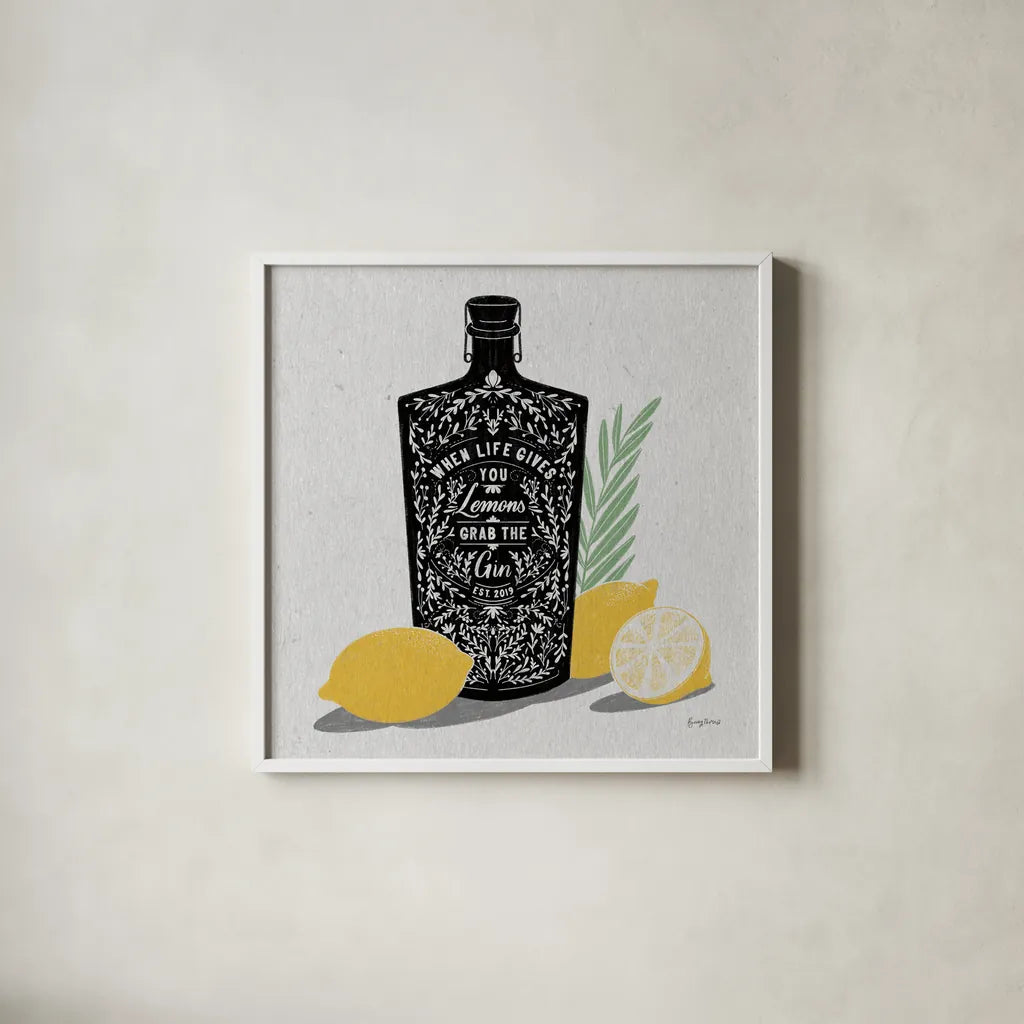Fruity Spirits Gin by Becky Thorns. Shown in a crisp white glass frame for a clean and minimalist style. Available as an archival giclee rolled canvas, fine art paper, or poster print. SKU 54988a.