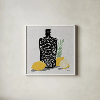 Fruity Spirits Gin by Becky Thorns. Shown in a crisp white glass frame for a clean and minimalist style. Available as an archival giclee rolled canvas, fine art paper, or poster print. SKU 54988a.
