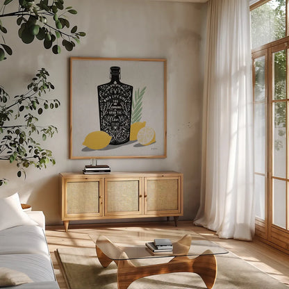 Fruity Spirits Gin by Becky Thorns. Shown in a natural wood frame in a cozy modern living room. Available as an archival giclee rolled canvas, fine art paper, or poster print. SKU 54988a.