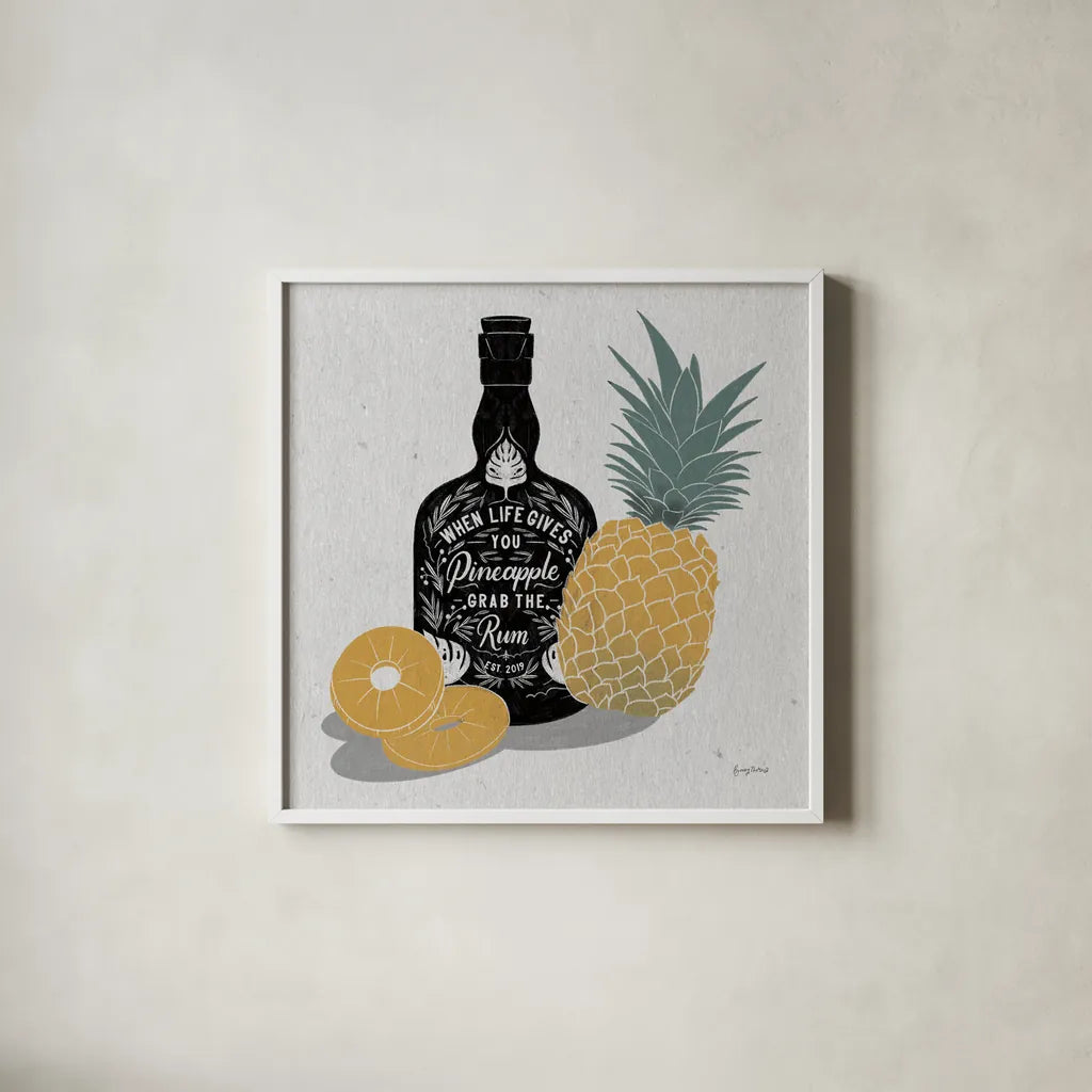 Fruity Spirits Rum by Becky Thorns. Shown in a crisp white glass frame for a clean and minimalist style. Available as an archival giclee rolled canvas, fine art paper, or poster print. SKU 54990a.