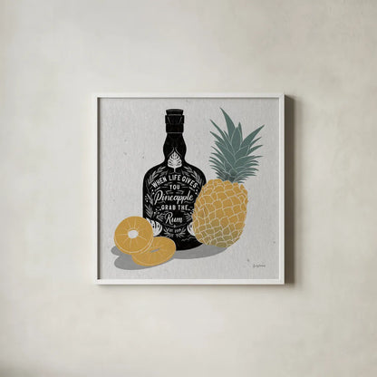 Fruity Spirits Rum by Becky Thorns. Shown in a crisp white glass frame for a clean and minimalist style. Available as an archival giclee rolled canvas, fine art paper, or poster print. SKU 54990a.