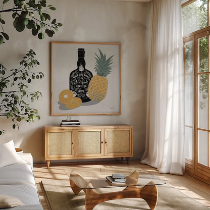 Fruity Spirits Rum by Becky Thorns. Shown in a natural wood frame in a cozy modern living room. Available as an archival giclee rolled canvas, fine art paper, or poster print. SKU 54990a.
