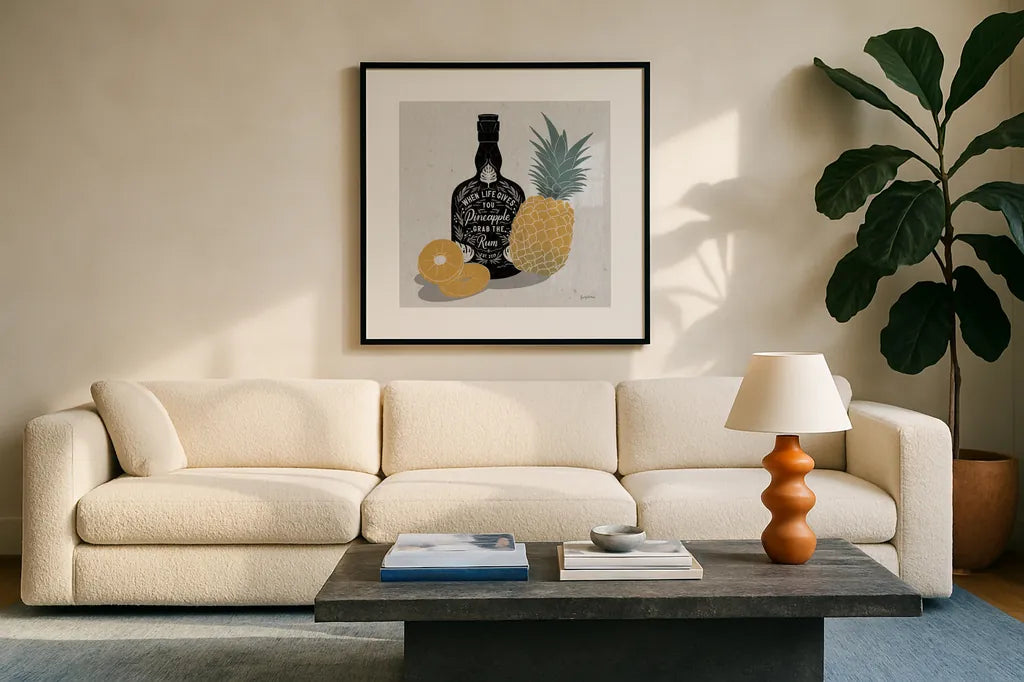 Fruity Spirits Rum by Becky Thorns. Displayed in a glass frame with matte in a clean modern living room. Available as an archival giclee rolled canvas, fine art paper, or poster print. SKU 54990a.