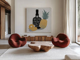 Fruity Spirits Rum by Becky Thorns. Shown as extra-large giant wall art in a modern living room. Available as an archival giclee rolled canvas, fine art paper, or poster print. SKU 54990a.