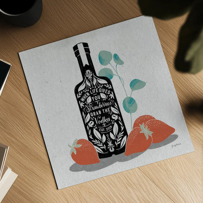 Fruity Spirits Vodka by Becky Thorns. Shown as a detailed flat fine art print, highlighting archival giclee quality. Available as an archival giclee rolled canvas, fine art paper, or poster print. SKU 54991a.