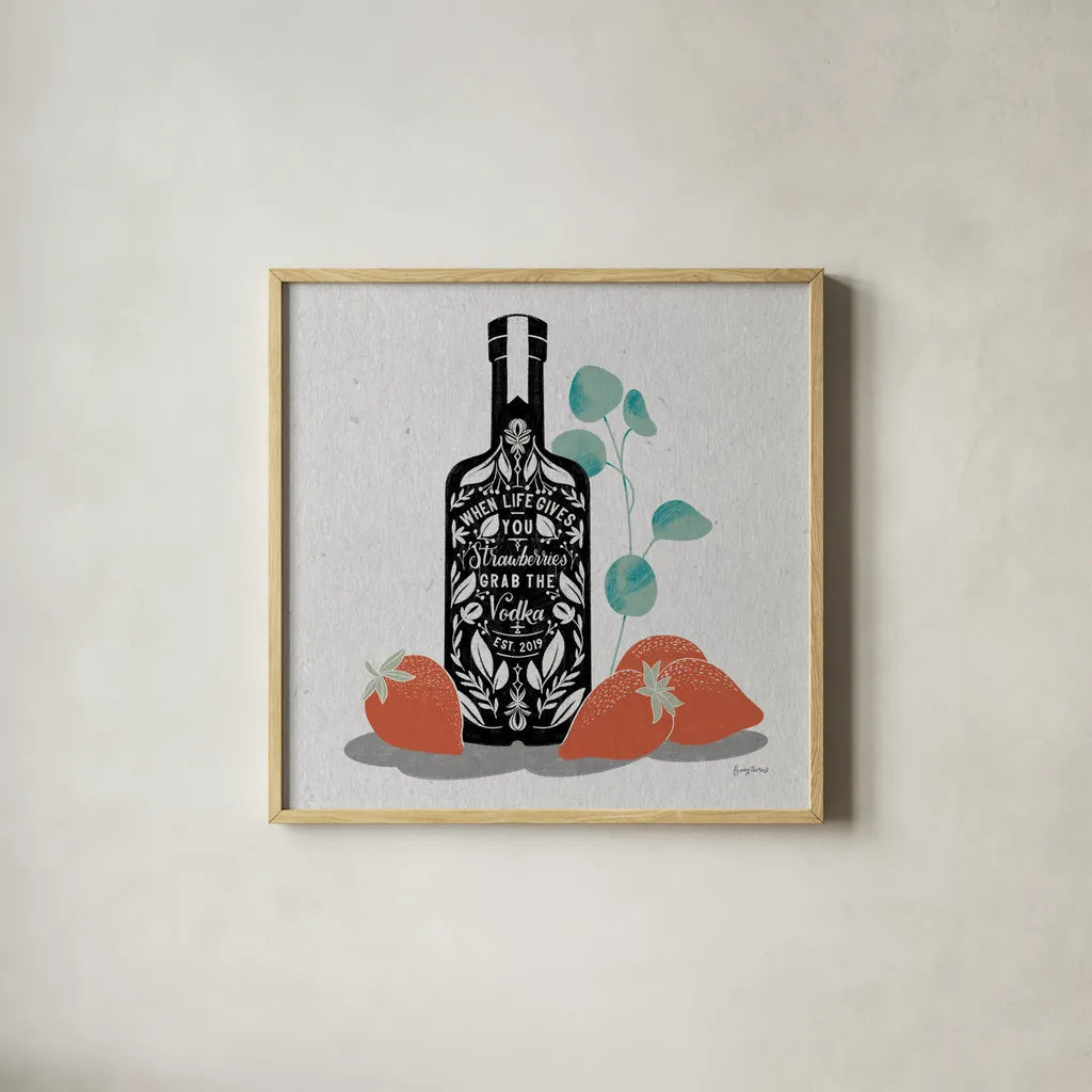Fruity Spirits Vodka by Becky Thorns. Shown in a natural wood glass frame for a timeless modern aesthetic. Available as an archival giclee rolled canvas, fine art paper, or poster print. SKU 54991a.