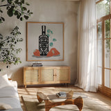 Fruity Spirits Vodka by Becky Thorns. Shown in a natural wood frame in a cozy modern living room. Available as an archival giclee rolled canvas, fine art paper, or poster print. SKU 54991a.
