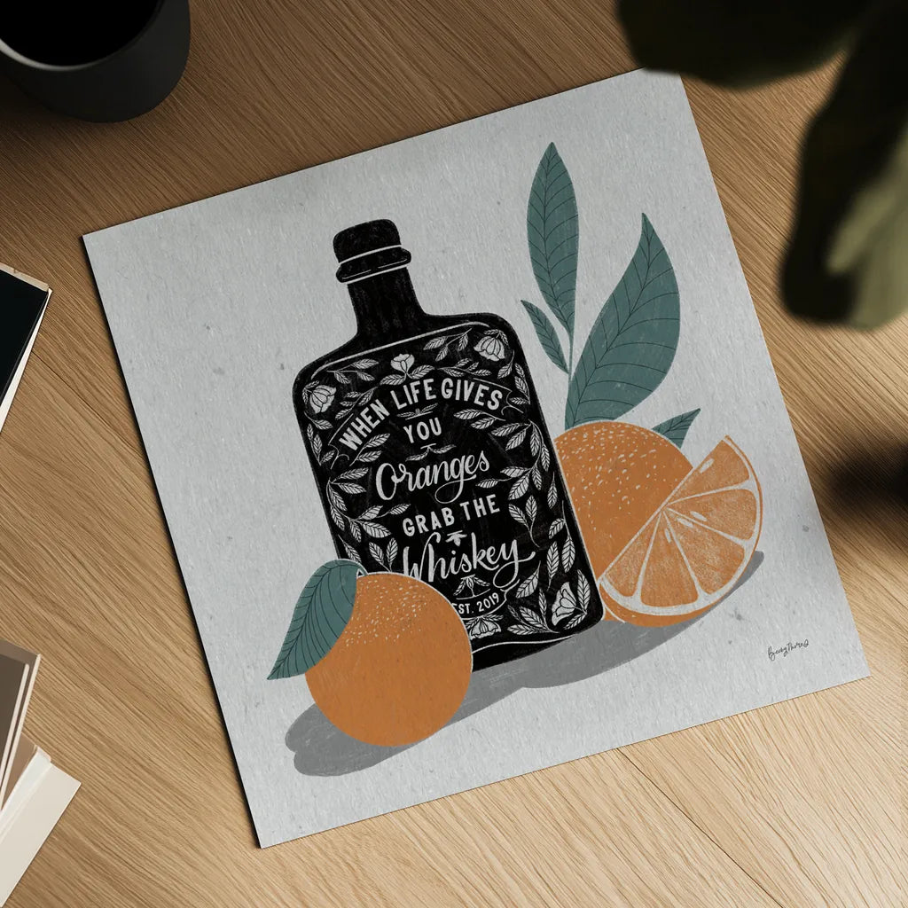 Fruity Spirits Whiskey by Becky Thorns. Shown as a detailed flat fine art print, highlighting archival giclee quality. Available as an archival giclee rolled canvas, fine art paper, or poster print. SKU 54989a.