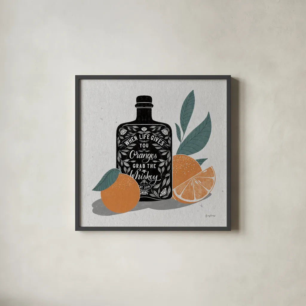 Fruity Spirits Whiskey by Becky Thorns. Shown in a sleek black glass frame for a contemporary gallery look. Available as an archival giclee rolled canvas, fine art paper, or poster print. SKU 54989a.