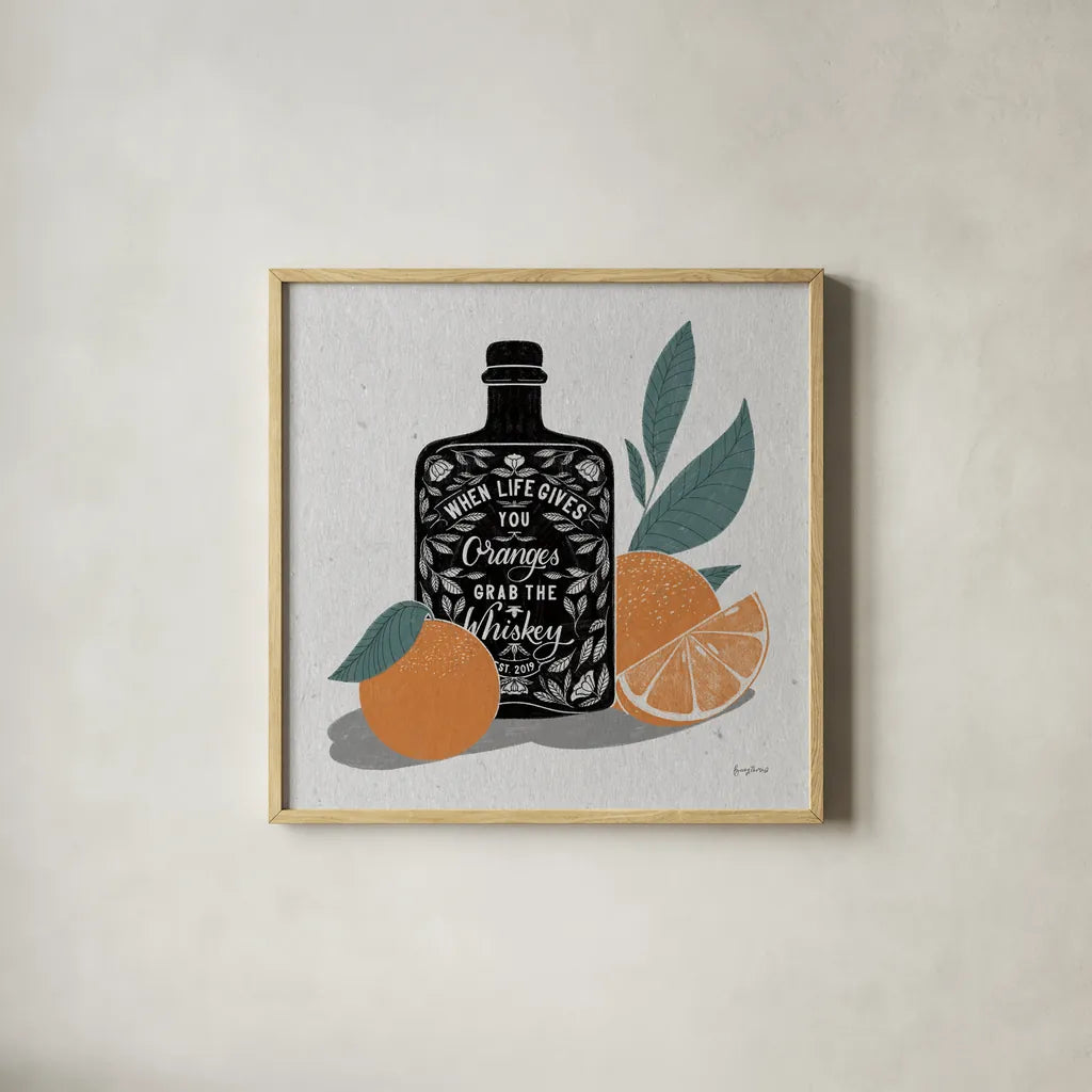 Fruity Spirits Whiskey by Becky Thorns. Shown in a natural wood glass frame for a timeless modern aesthetic. Available as an archival giclee rolled canvas, fine art paper, or poster print. SKU 54989a.