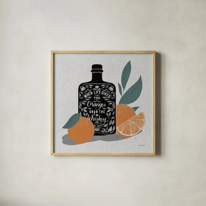 Fruity Spirits Whiskey by Becky Thorns. Shown in a natural wood glass frame for a timeless modern aesthetic. Available as an archival giclee rolled canvas, fine art paper, or poster print. SKU 54989a.