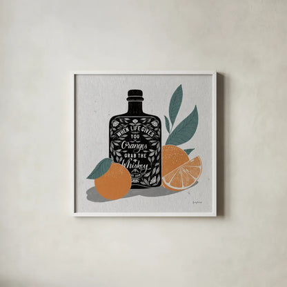 Fruity Spirits Whiskey by Becky Thorns. Shown in a crisp white glass frame for a clean and minimalist style. Available as an archival giclee rolled canvas, fine art paper, or poster print. SKU 54989a.