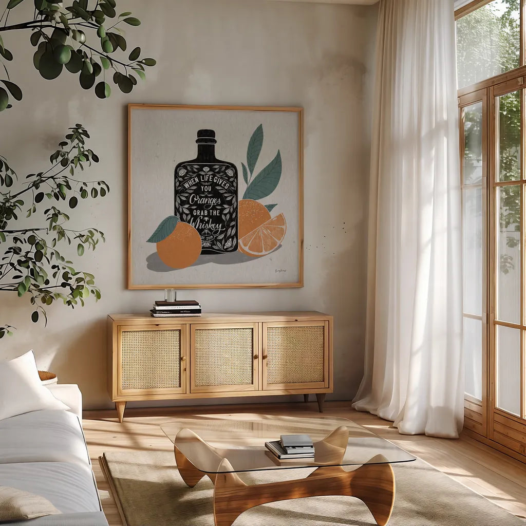 Fruity Spirits Whiskey by Becky Thorns. Shown in a natural wood frame in a cozy modern living room. Available as an archival giclee rolled canvas, fine art paper, or poster print. SKU 54989a.