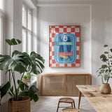 Fun Sardines I by Becky Thorns. shown as a print in a natural wood frame in a dining room. Available as a archival giclee rolled canvas, fine art paper, or poster print. SKU 103712h.