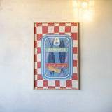 Fun Sardines I by Becky Thorns. shown as a paper print in a natural frame. Available as a archival giclee rolled canvas, fine art paper, or poster print. SKU 103712h.