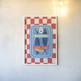Fun Sardines I by Becky Thorns. shown as a paper print in a white frame. Available as a archival giclee rolled canvas, fine art paper, or poster print. SKU 103712h.