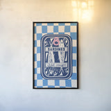 Fun Sardines I Blue by Becky Thorns. shown as a paper print in a black flame. Available as a archival giclee rolled canvas, fine art paper, or poster print. SKU 103710h.