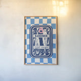 Fun Sardines I Blue by Becky Thorns. shown as a paper print in a natural frame. Available as a archival giclee rolled canvas, fine art paper, or poster print. SKU 103710h.