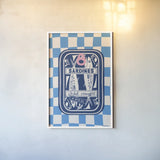 Fun Sardines I Blue by Becky Thorns. shown as a paper print in a white frame. Available as a archival giclee rolled canvas, fine art paper, or poster print. SKU 103710h.