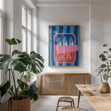 Fun Sardines II by Becky Thorns. shown as a print in a natural wood frame in a dining room. Available as a archival giclee rolled canvas, fine art paper, or poster print. SKU 103713h.