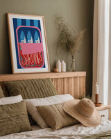 Fun Sardines II by Becky Thorns. shown as a paper print in a natural frame. Available as a archival giclee rolled canvas, fine art paper, or poster print. SKU 103713h.