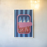 Fun Sardines II by Becky Thorns. shown as a paper print in a white frame. Available as a archival giclee rolled canvas, fine art paper, or poster print. SKU 103713h.