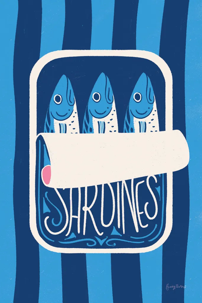 Fun Sardines II Blue by Becky Thorns. SKU 103709h. Archival Giclee Fine art print for wall decor.