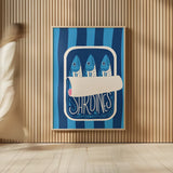 Fun Sardines II Blue by Becky Thorns. shown as over sized large wall art. Available as an archival giclee rolled canvas, fine art paper, or poster print. SKU 103709h.