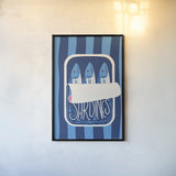 Fun Sardines II Blue by Becky Thorns. shown as a paper print in a black flame. Available as a archival giclee rolled canvas, fine art paper, or poster print. SKU 103709h.