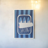 Fun Sardines II Blue by Becky Thorns. shown as a paper print in a white frame. Available as a archival giclee rolled canvas, fine art paper, or poster print. SKU 103709h.