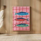 Fun Sardines III by Becky Thorns. shown as over sized large wall art. Available as an archival giclee rolled canvas, fine art paper, or poster print. SKU 103714h.