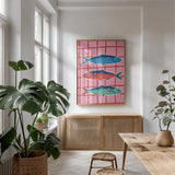 Fun Sardines III by Becky Thorns. shown as a print in a natural wood frame in a dining room. Available as a archival giclee rolled canvas, fine art paper, or poster print. SKU 103714h.