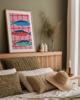 Fun Sardines III by Becky Thorns. shown as a paper print in a natural frame. Available as a archival giclee rolled canvas, fine art paper, or poster print. SKU 103714h.
