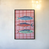 Fun Sardines III by Becky Thorns. shown as a paper print in a black flame. Available as a archival giclee rolled canvas, fine art paper, or poster print. SKU 103714h.