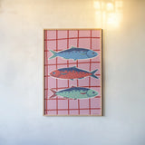 Fun Sardines III by Becky Thorns. shown as a paper print in a natural frame. Available as a archival giclee rolled canvas, fine art paper, or poster print. SKU 103714h.
