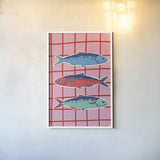 Fun Sardines III by Becky Thorns. shown as a paper print in a white frame. Available as a archival giclee rolled canvas, fine art paper, or poster print. SKU 103714h.