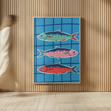 Fun Sardines IV by Becky Thorns. shown as over sized large wall art. Available as an archival giclee rolled canvas, fine art paper, or poster print. SKU 103711h.